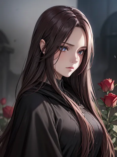elegant woman in dark cloak, beautiful detailed eyes, extremely detailed face, long silver hair with flowers, one eye partially ...