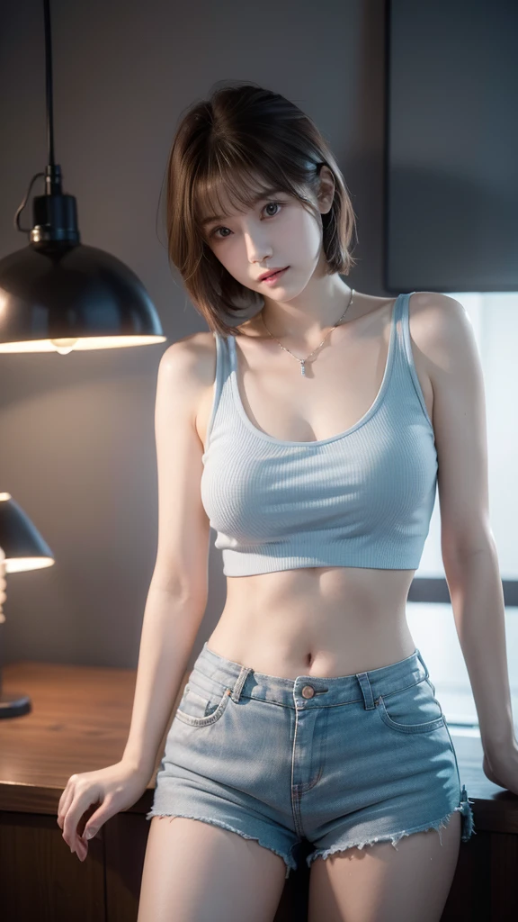 best quality, masterpiece, ultra high resolution, (Reality: 1.4), original photo, 1 woman, soft blue short tank top, short pants, cinematic lighting, big soft breasts, short straight brown hair color, necklace, split, neon lights, inside, avoid burns skin 