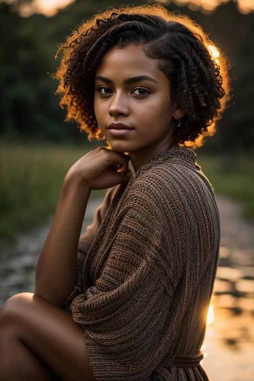 retrato melancólico de una bella joven. Pelo corto y rizado, Tal vez trenzas. atardecer, Pelo natural, piel detallada, profundidad de campo de la cámara, f1.2