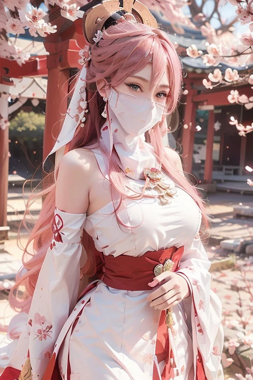 pink hair,masterpiece,extremely detailed,CG,2k wallpaper,Amazing,finely detail,extremely detailed CG unity 8k wallpaper,huge filesize,ultra-detailed,shenzi,1 girl,cosplay,Yaeko Nogi (Tokyo 7th Sisters),confident eyes,super detailed face, blush, Detailed lips, (big eyes:1.4), Double eyelids,(long flowing hair:1.1),traditional shrine maiden outfit,red and white colors,tied-up hair,red ribbon,wearing face veil, (miansha, white face veil, silk mask veil:1.2),cherry blossom petals,torii gate background,holding a sacred staff,elegant posture,focused expression,outdoor shrine setting.,