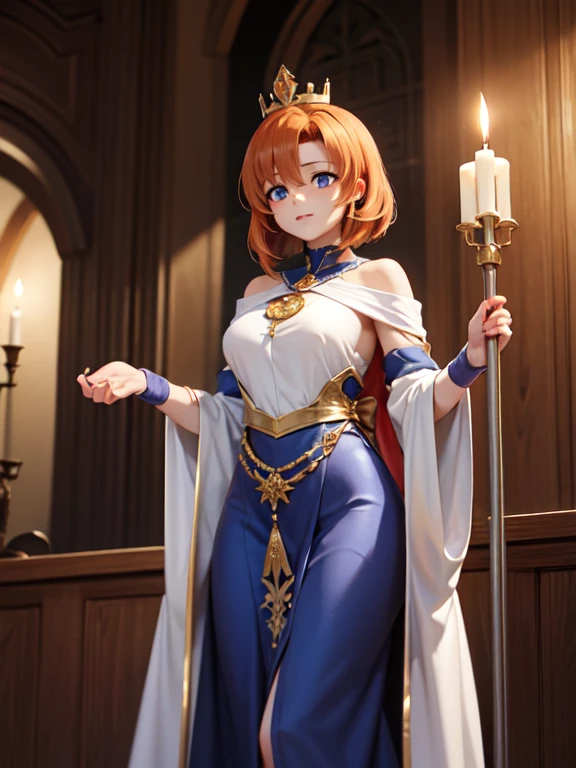 Rena Ryuuguu, orange hair, short hair, blue eyes, One Girl, Medieval Queen, Heavy gown, Braided Hair, Gold crown, Ruby Pendant, Armor details, Medieval castle, Wooden throne, candlestick, Magnificent Hall, Old-fashioned beauty, Strong presence, Classic, Mysterious Aura, Heavy drape