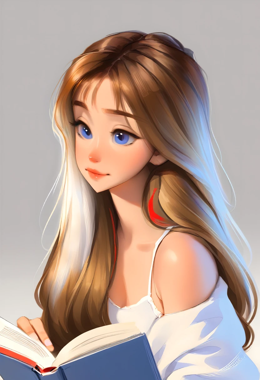 一個可愛的女人的肖像, 長髮, 帶有紅色亮點的淺棕色頭髮, 藍眼睛, 穿著白色, 讀一本書, 白色背景, 动漫造型