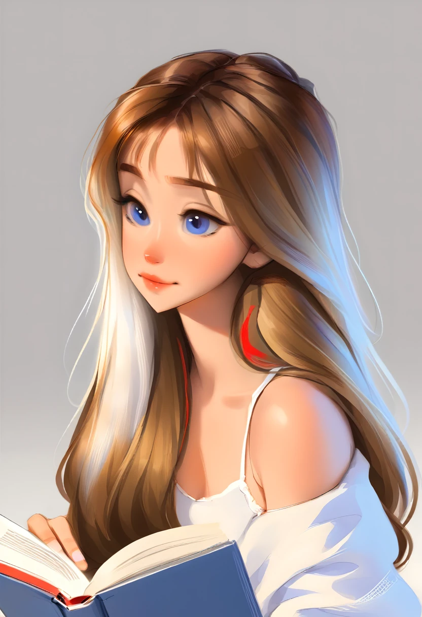 retrato de una linda mujer, pelo largo, cabello castaño claro con reflejos rojos, blue eyes, vestida de blanco, leyendo un libro, Fondo blanco, Estilo de anime