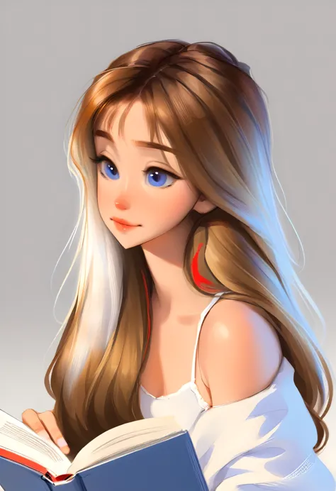 portrait of a cute woman, long hair, light brown hair with red highlights, blue eyes, wearing white, reading a book, White backg...
