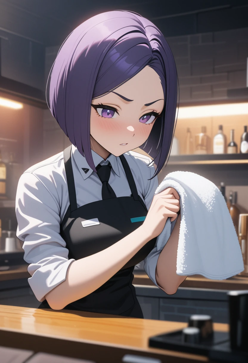 Adult Female, Black purple hair, slanted bob haircut, phlegmatic, stoic expression, perfect purple eyes, cyberpunk bar, bartender, bartender uniform, highly detailed, high quality, perfect quality, 8k, cleaning with towel, solid black pupils