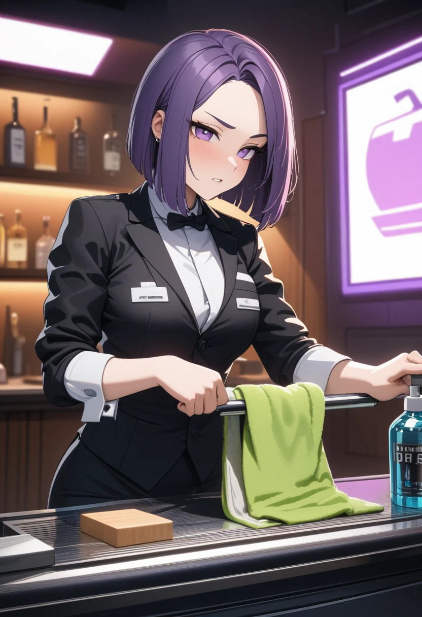 Adult Female, Black purple hair, slanted bob haircut, phlegmatic, stoic expression, perfect purple eyes, cyberpunk bar, bartender, bartender uniform, highly detailed, high quality, perfect quality, 8k, cleaning with towel, solid black pupils