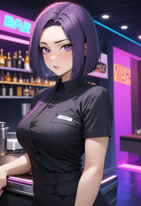 adult female, black purple hair, slanted bob haircut, phlegmatic, stoic expression, perfect purple eyes, cyberpunk bar, bartende...