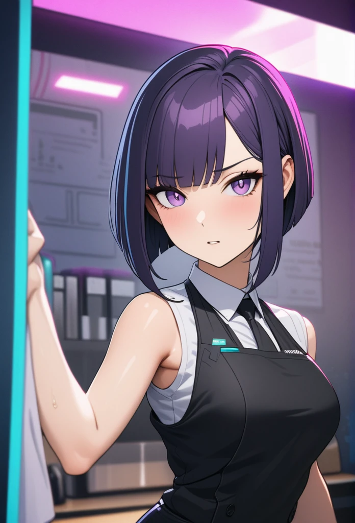 Adult Female, Black purple hair, slanted bob haircut, phlegmatic, stoic expression, perfect purple eyes, cyberpunk bar, bartender, bartender uniform, highly detailed, high quality, perfect quality, 8k, cleaning with towel, solid black pupils