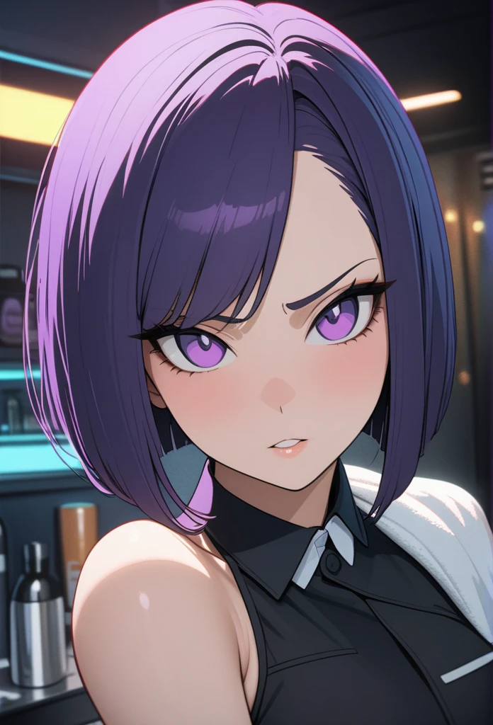 Adult Female, Black purple hair, slanted bob haircut, phlegmatic, stoic expression, perfect purple eyes, cyberpunk bar, bartender, bartender uniform, highly detailed, high quality, perfect quality, 8k, cleaning with towel, solid black pupils