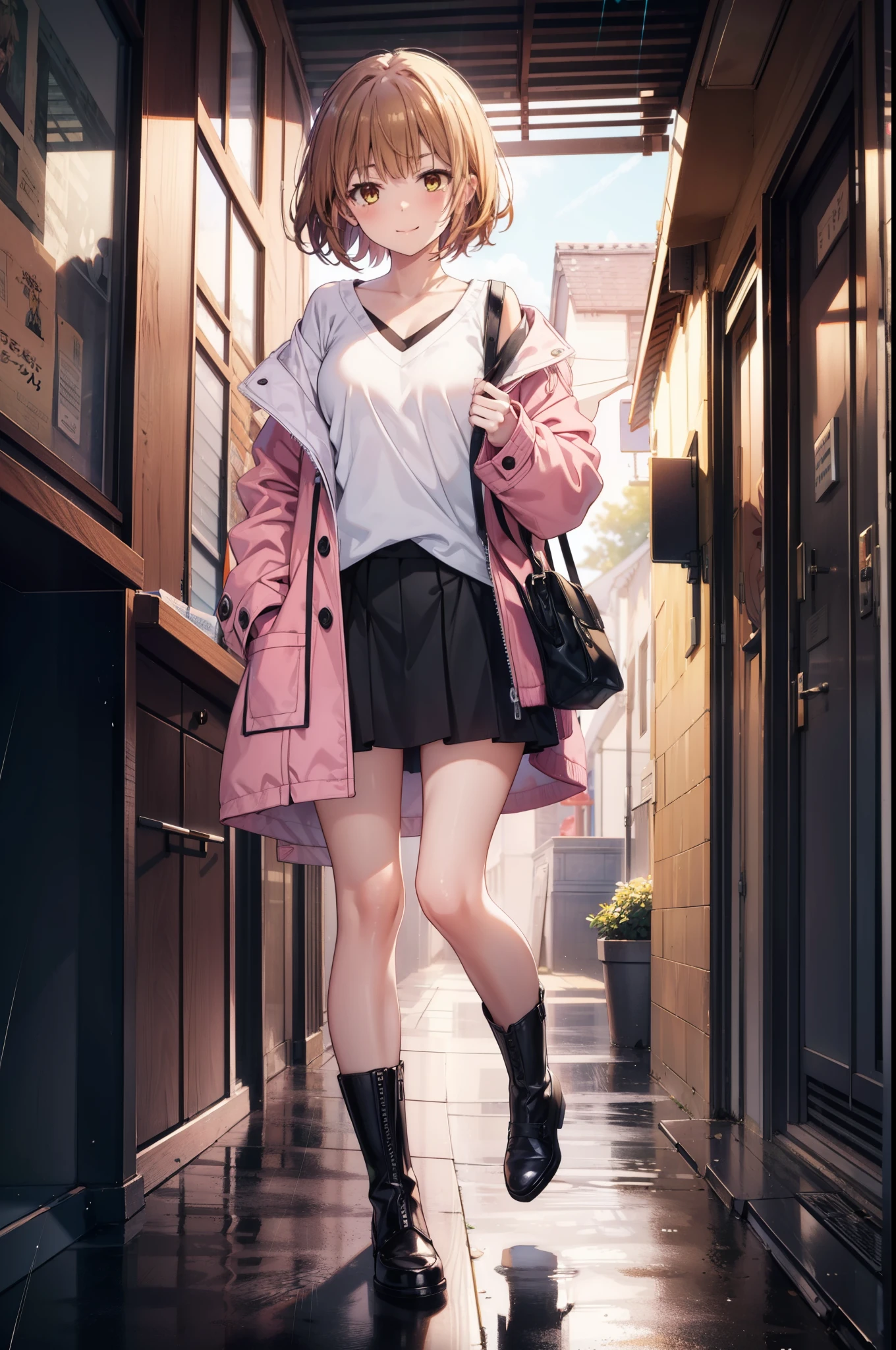 Irohaisshiki, isshiki iroha, short hair, Brown Hair, (Brown eyes:1.5), happy smile, smile, Close your mouth,blush,rain,Pink oversized coat,V-neck shirt,mini skirt,Black pantyhose,short boots,Leaning against the wall,Hiding in a roofed building,whole bodyがイラストに入るように,
break outdoors, Building district,
break looking at viewer,whole body,
break (masterpiece:1.2), Highest quality, High resolution, unity 8k wallpaper, (figure:0.8), (Beautiful attention to detail:1.6), Highly detailed face, Perfect lighting, Highly detailed CG, (Perfect hands, Perfect Anatomy),