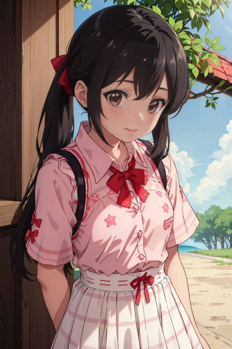 ((Multiple Views))((1 Girl))((Idol@Star))Risa Matoba,Happy,Outdoor,station,panties,(Checkered summer shirt)whole body,From below,Low Angle,Unbutton your shirt,Black hair twin tails,Red ribbon,loafers,