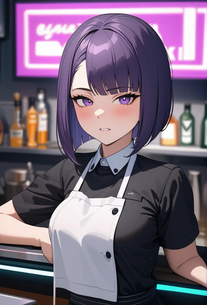 Adult Female, Black purple hair, slanted bob haircut, phlegmatic, stoic expression, perfect purple eyes, cyberpunk bar, bartender, bartender uniform, highly detailed, high quality, perfect quality, 8k, cleaning with towel, solid black pupils