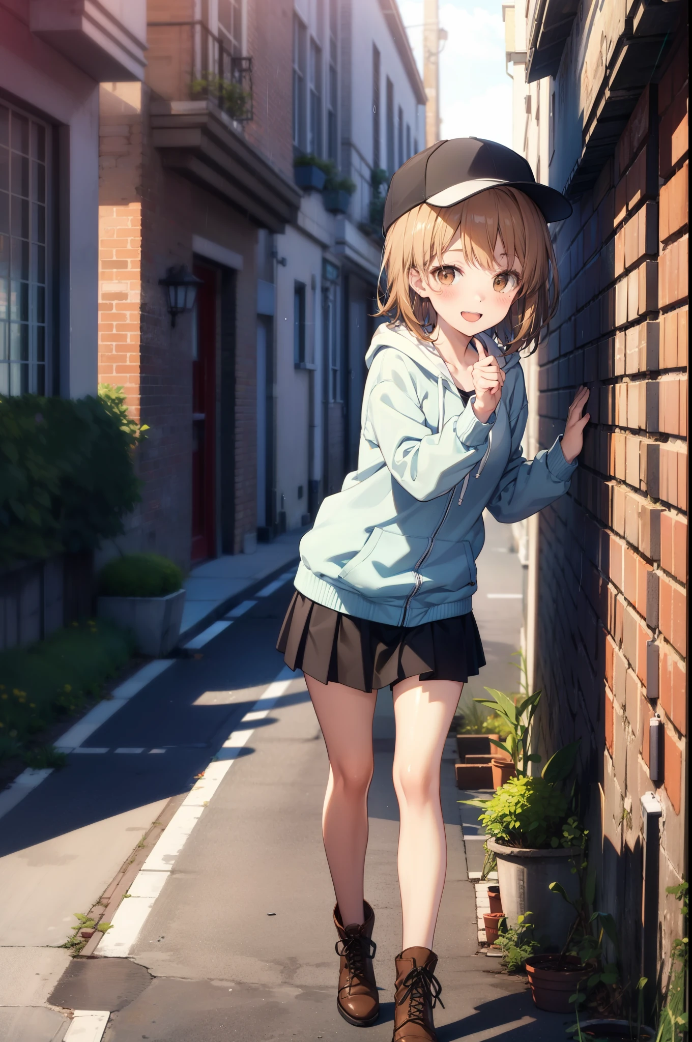 Irohaisshiki, isshiki iroha, short hair, Brown Hair, (Brown eyes:1.5), happy smile, smile, Close your mouth,blush,rain,Baseball hats,Pink oversized hoodie,V-neck shirt,mini skirt,Black pantyhose,short boots,Leaning against the wall,Hiding in a roofed building,whole bodyがイラストに入るように,
break outdoors, Building district,
break looking at viewer,whole body,
break (masterpiece:1.2), Highest quality, High resolution, unity 8k wallpaper, (figure:0.8), (Beautiful attention to detail:1.6), Highly detailed face, Perfect lighting, Highly detailed CG, (Perfect hands, Perfect Anatomy),