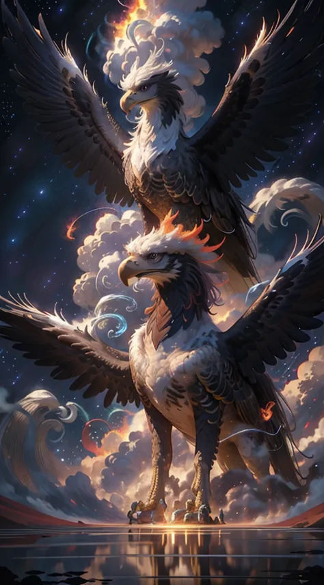 A mythical flaming eagle soars majestically against a dark, star-studded night sky. Its enormous wings, wreathed in blazing fire...