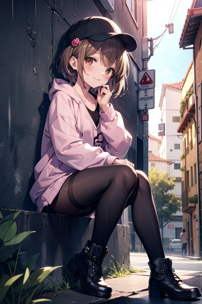 Irohaisshiki, isshiki iroha, short hair, Brown Hair, (Brown eyes:1.5), happy smile, smile, Close your mouth,blush,rain,Baseball hats,Pink oversized hoodie,V-neck shirt,mini skirt,Black pantyhose,short boots,Sitting leaning against the wall、,Hiding in a roofed building,whole bodyがイラストに入るように,
break outdoors, Building district,
break looking at viewer,whole body,
break (masterpiece:1.2), Highest quality, High resolution, unity 8k wallpaper, (figure:0.8), (Beautiful attention to detail:1.6), Highly detailed face, Perfect lighting, Highly detailed CG, (Perfect hands, Perfect Anatomy),
