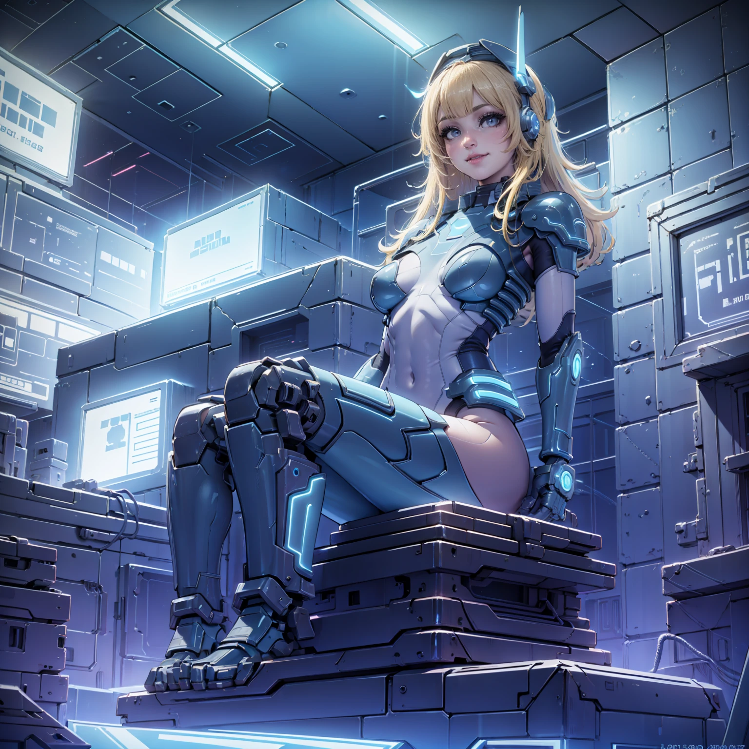 starcraft_nova, ((long blonde hair, bangs, glowing blue eyes,  makeup, narrow waist, skinny, medium breasts, blue neon armor)), pelvic curtain, ((grey bikini)), full body, perfect body, (insanely detailed, beautiful detailed face, masterpiece, best quality) , (((solo))), (((1girl))), (((mature))), (extremely detailed 8k paper CG wall unit: 1.1), (rooftop, cyberpunk, Electronics, night), (smile face for the viewer), sitting, squating, looking down, from below