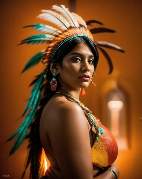 Beautiful Cherokee Indian woman with beautiful terracotta colored headdresses, blackw, doradas, cobre, Pearl, white and beige, f...