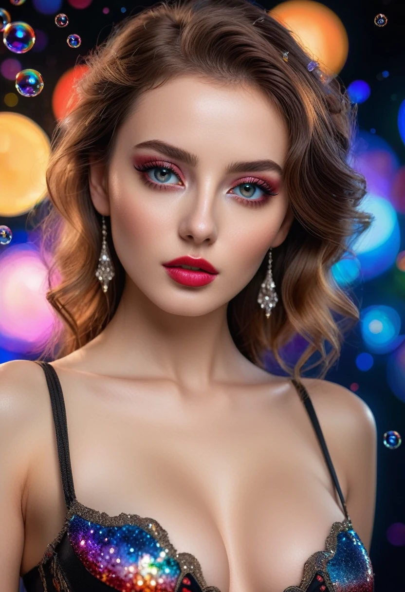 fotorealistisch Realismus 8K Qualität, Mode-Supermodel, (Glamour, Paparazzi machen Fotos von ihr), (schönes schlankes und markantes Gesicht), ((ultra absurde Details von realistischen , perfekt runde braune Augen: 1.3 in Ultra absurder Qualität und Auflösung)), (Ultrascharfe Augen, klare absurde Qualität, Nicht verschwommen), ((fein detaillierte Pupillen: 1.4)), Rosa_bilden:1.2, Blau_Lidstrich, Rot_Lippenstift:1.4,(perfekte Dunkelheit_Lidschatten), (detaillierte Nase:1.2), detaillierte Gesichtsdetails, (perfekte Komposition), ((blasse Haut)), (trockene Haut), Fantasie, künstlerisch, Erforsche aktiv eine Welt voller dunkler Schwarztöne, grau, orange, kastanienbraun, Burgund, and lavender, High-definition portrait upper body to waist shot centeRot on her sehr detailliert beautiful (feste und volle Brüste),, inmitten einer Kulisse voller Details wie Sterne, galaxies, Bunte Blasen, und Blütenblätter, alles verstärkt durch Schillern und glitzernden Wind, der Pollen mit sich trägt, 8k-Auflösung, kompliziert, elegant, sehr detailliert, majestätisch, Digitalfotografie, ((Weitwinkelaufnahme)),