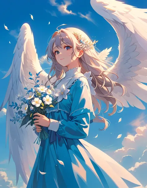 With long hair and white wings、Anime girl holding flowers, of an beautiful Angelic少女, Beautiful angel, guweiz on pixiv artstatio...