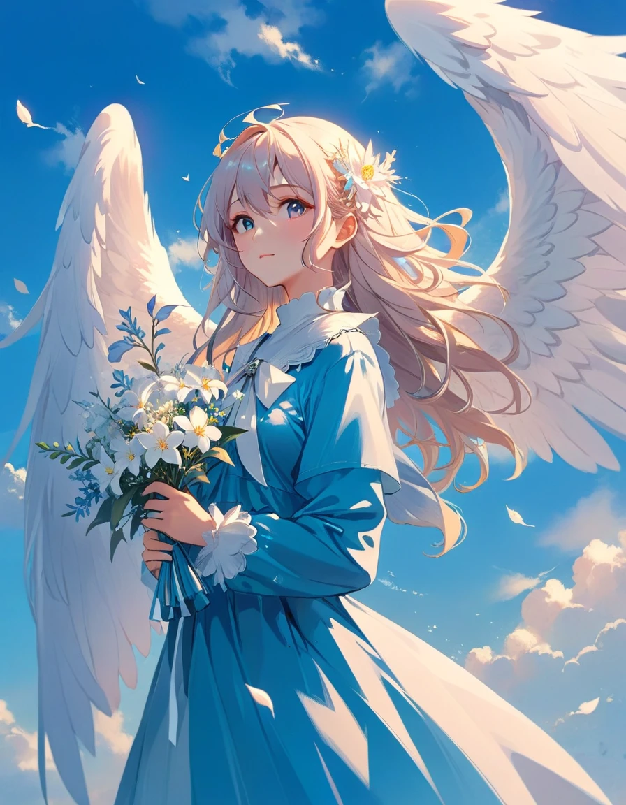 With long hair and white wings、Anime girl holding flowers, of an beautiful Angelic Girl, Beautiful angel, guweiz on pixiv artstation, of Beautiful angel, Angelic Girl, Digital art on pixiv, Guweiz on Artstation Pixiv, portrait of a Beautiful angel, Beautiful Anime art, Beautiful Anime, Beautiful Anime artwork, Angelic