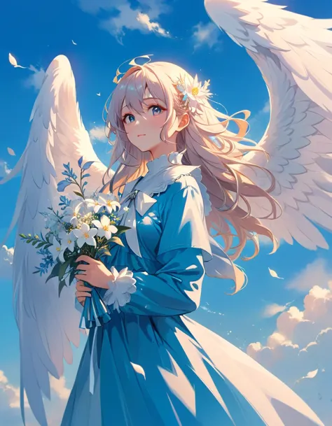 With long hair and white wings、Anime girl holding flowers, of an beautiful Angelic少女, Beautiful angel, guweiz on pixiv artstatio...