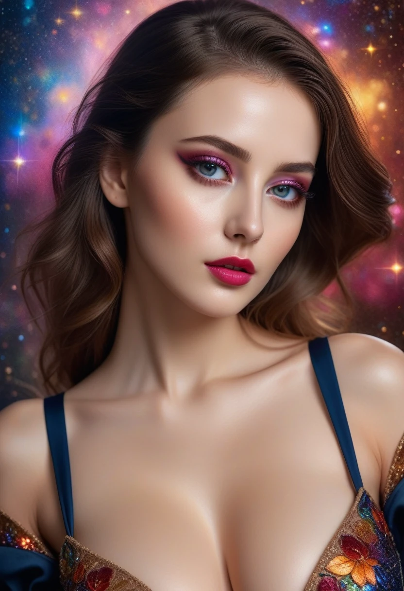 photorealistic Realism 8K Quality, fashion supermodel, (Glamour, paparazzi taking pictures of her), (beautiful slim and sharp face), ((ultra absurd details of realistic , perfectly round brown eyes: 1.3 in Ultra absurd quality and resolution)), (Ultra sharp eyes, clear absurd quality, not blurry), ((fine detailed pupils: 1.4)), pink_makeup:1.2, blue_eyeliner, red_lipstick:1.4,(perfect dark_eyeshadows), (Detailed nose:1.2), Intricate detail face, (perfect composition), ((pale skin)), (dry skin), Fantasy, Artistic, actively exploring a world filled with dark shades of black, grey, orange, maroon, burgundy, and lavender, High-definition portrait upper body to waist shot centered on her highly detailed beautiful (firm and full breasts),, amidst a setting rich in details like stars, galaxies, colorful bubbles, and petals, all enhanced by iridescence and glittering wind carrying pollen, 8K resolution, intricate, elegant, highly detailed, majestic, digital photography, ((wide shot)),