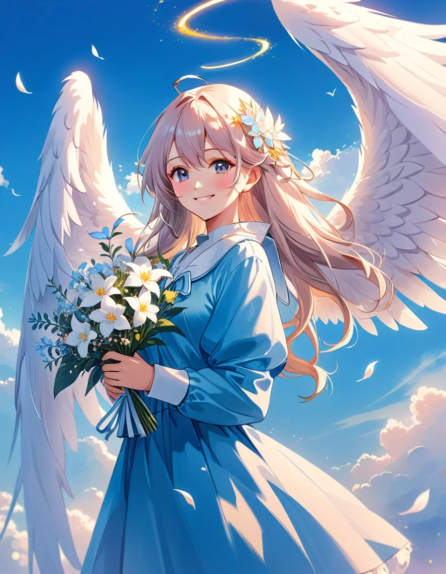 With long hair and white wings、Smiling anime girl holding flowers, of an beautiful Angelic少女, Beautiful angel, guweiz on pixiv artstation, of Beautiful angel, Angelic少女, Digital art on pixiv, Guweiz on ArtStation Pixiv, portrait of a Beautiful angel, Beautiful Anime art, Beautiful Anime, Beautiful Anime artwork, Angelic