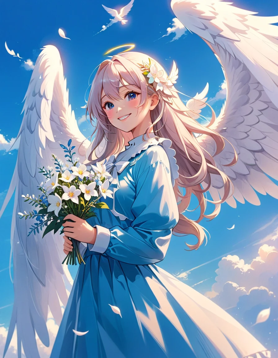 Com cabelos longos e asas brancas、Garota de anime sorridente segurando flores, of an beautiful angélico少女, lindo anjo, guweiz no pixiv artstation, of lindo anjo, angélico少女, arte digital no pixiv, Guweiz na ArtStation Pixiv, portrait of a lindo anjo, lindo anime art, lindo anime, lindo anime artwork, angélico