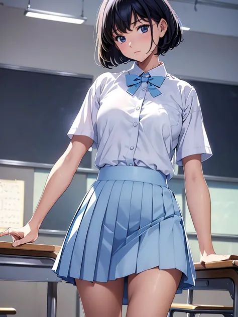 ((best quality)), (masterpiece), 1girl, age 18, (detailed eyes:1.2), student, uniform, white shirt, short sleeves, ((untucked sh...