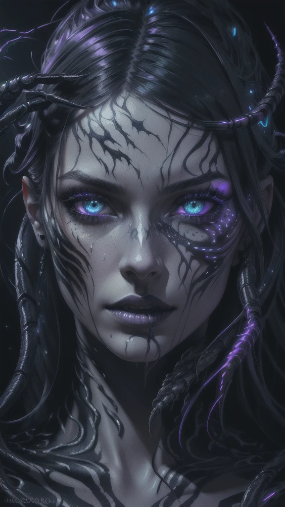 a venom-covered woman, photorealistic, hyper detailed, extremely detailed face and eyes, beautiful detailed lips, long eyelashes, portrait, dark and moody atmosphere, dramatic lighting, chiaroscuro, deep shadows, neon cyberpunk style, glowing bioluminescent veins, veins protruding from skin, dripping venomous liquid, dynamic pose, intense expression, digital art, cinematic composition, muted color palette, moody blues and purples, glowing highlights