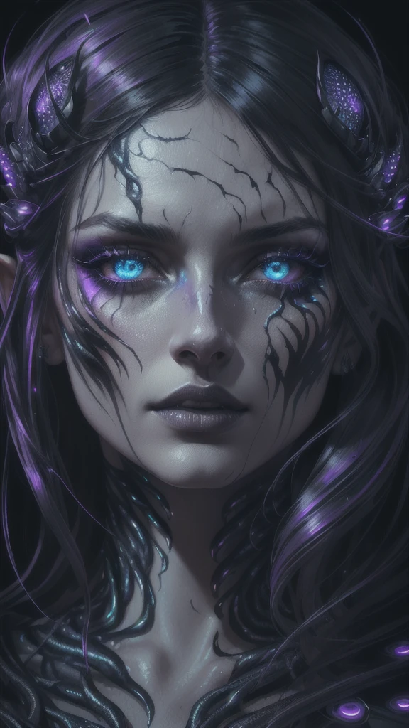 a venom-covered woman, photorealistic, hyper detailed, extremely detailed face and eyes, beautiful detailed lips, long eyelashes, portrait, dark and moody atmosphere, dramatic lighting, chiaroscuro, deep shadows, neon cyberpunk style, glowing bioluminescent veins, veins protruding from skin, dripping venomous liquid, dynamic pose, intense expression, digital art, cinematic composition, muted color palette, moody blues and purples, glowing highlights