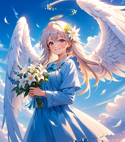 With long hair and white wings、Smiling anime girl holding flowers, of an beautiful Angelic少女, Beautiful angel, guweiz on pixiv a...