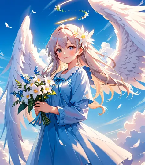 With long hair and white wings、Smiling anime girl holding flowers, of an beautiful Angelic少女, Beautiful angel, guweiz on pixiv a...