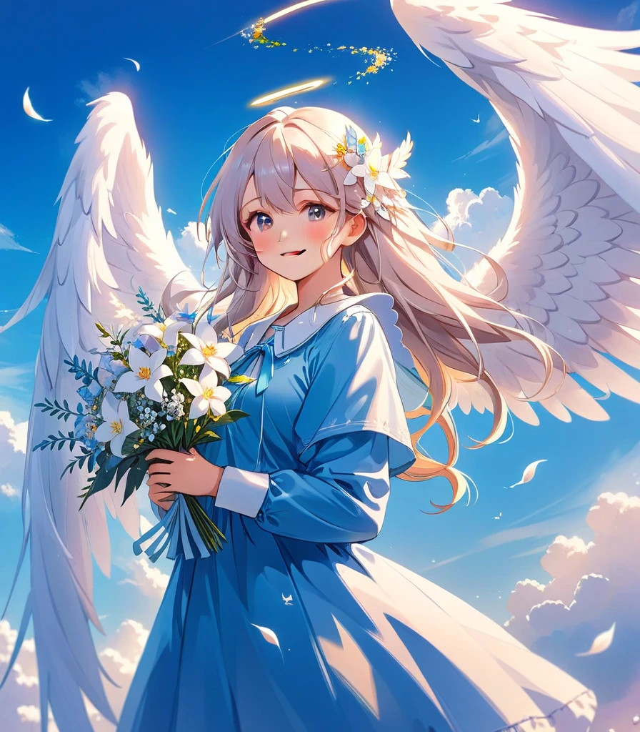 Com cabelos longos e asas brancas、Garota de anime sorridente segurando flores, of an beautiful angélico少女, lindo anjo, guweiz no pixiv artstation, of lindo anjo, angélico少女, arte digital no pixiv, Guweiz na ArtStation Pixiv, portrait of a lindo anjo, lindo anime art, lindo anime, lindo anime artwork, angélico