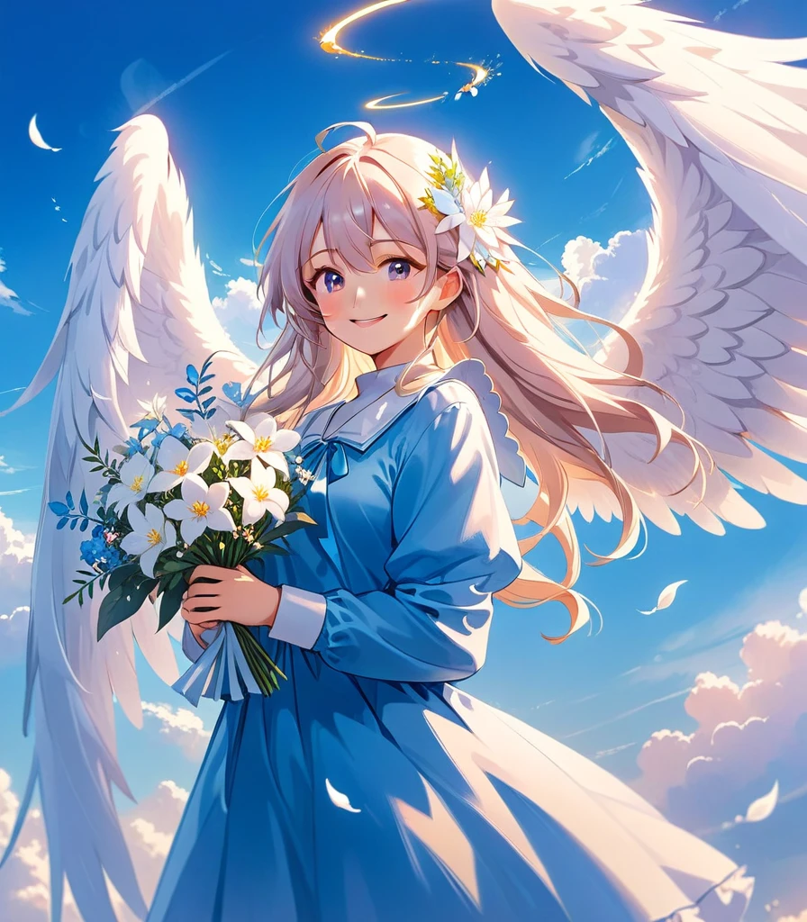 Com cabelos longos e asas brancas、Garota de anime sorridente segurando flores, of an beautiful angélico少女, lindo anjo, guweiz no pixiv artstation, of lindo anjo, angélico少女, arte digital no pixiv, Guweiz na ArtStation Pixiv, portrait of a lindo anjo, lindo anime art, lindo anime, lindo anime artwork, angélico