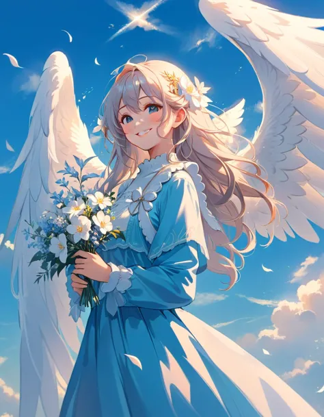 With long hair and white wings、Smiling anime girl holding flowers, of an beautiful Angelic少女, Beautiful angel, guweiz on pixiv a...