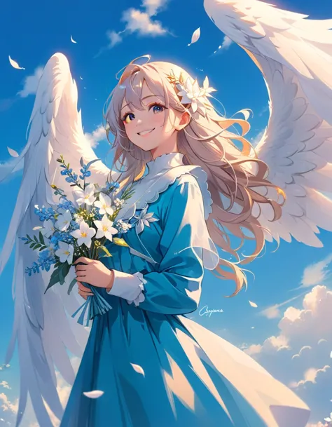 With long hair and white wings、Smiling anime girl holding flowers, of an beautiful Angelic少女, Beautiful angel, guweiz on pixiv a...