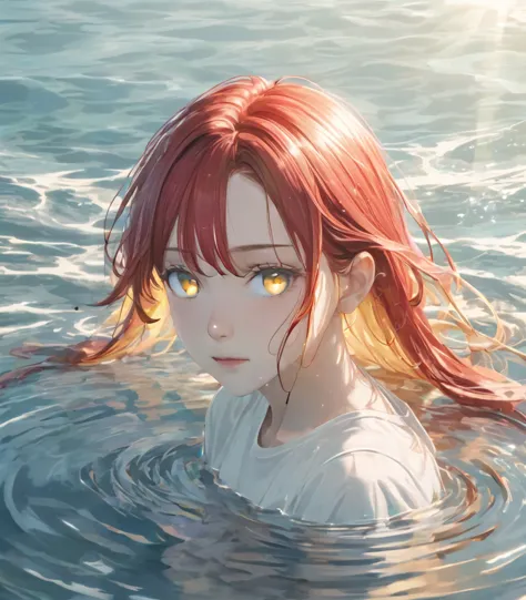 anime style female character in water, (long red hair:1.2), (gentle expression:1.1), yellow colored eyes, white top, (rippling e...