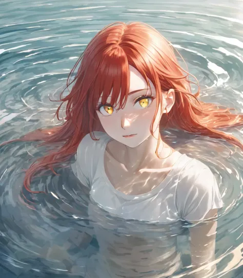 anime style female character in water, (long red hair:1.2), (gentle expression:1.1), yellow colored eyes, white top, (rippling e...