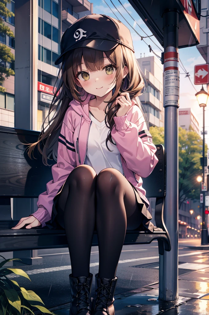 Irohaisshiki, isshiki iroha, Long Hair, Brown Hair, (Brown eyes:1.5), happy smile, smile, Close your mouth,blush,rain,night,Baseball hats,Pink oversized hoodie,V-neck shirt,mini skirt,Black pantyhose,short boots,Sitting on a bus stop bench、,Hidden in a covered building bus stop,whole bodyがイラストに入るように,
break outdoors, バス停
break looking at viewer,whole body,
break (masterpiece:1.2), Highest quality, High resolution, unity 8k wallpaper, (figure:0.8), (Beautiful attention to detail:1.6), Highly detailed face, Perfect lighting, Highly detailed CG, (Perfect hands, Perfect Anatomy),