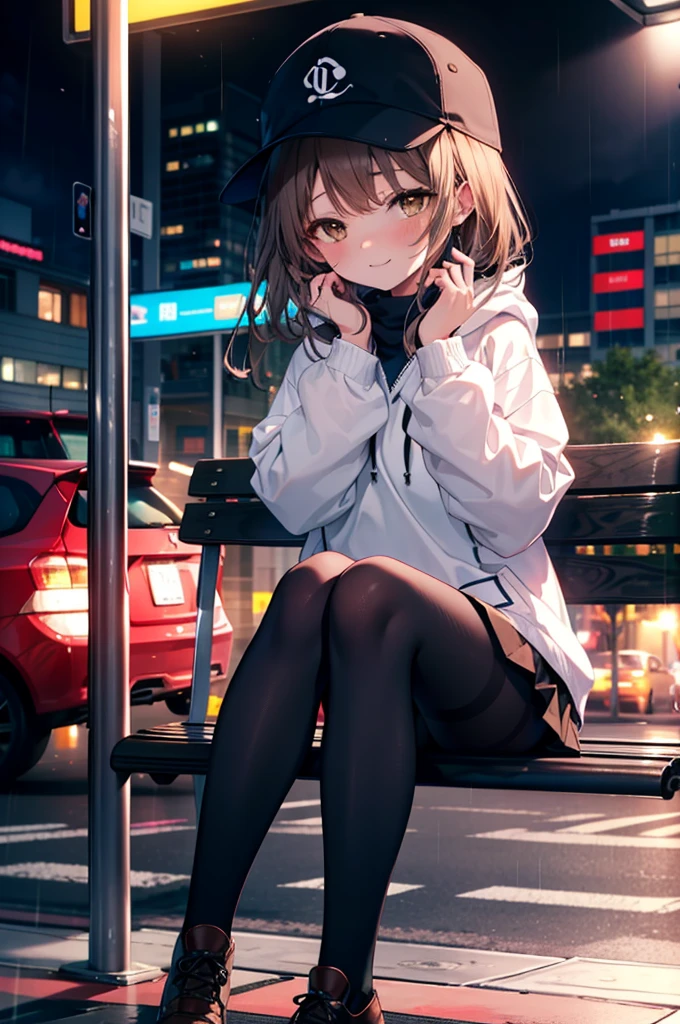Irohaisshiki, isshiki iroha, Long Hair, Brown Hair, (Brown eyes:1.5), happy smile, smile, Close your mouth,blush,rain,night,Baseball hats,Pink oversized hoodie,V-neck shirt,mini skirt,Black pantyhose,short boots,Sitting on a bus stop bench、,Hidden in a covered building bus stop,whole bodyがイラストに入るように,
break outdoors, バス停
break looking at viewer,whole body,
break (masterpiece:1.2), Highest quality, High resolution, unity 8k wallpaper, (figure:0.8), (Beautiful attention to detail:1.6), Highly detailed face, Perfect lighting, Highly detailed CG, (Perfect hands, Perfect Anatomy),