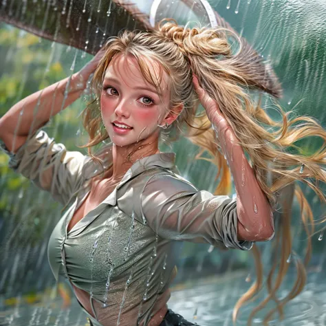 masterpiece of extremelydetailed (professionalphoto of stunning women:1.4) looking at sky, (((downpour))), braidhair with bun, (...