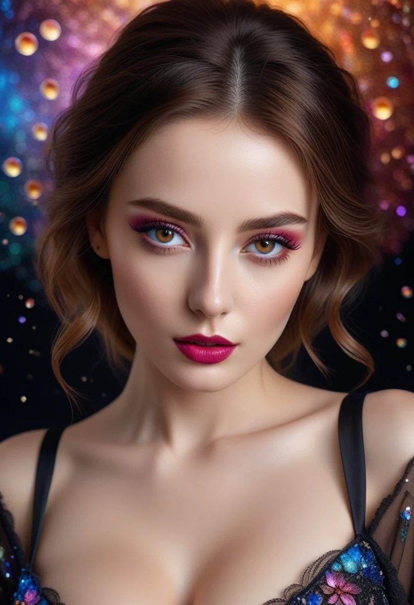 fotorealistisch Realismus 8K Qualität, Mode-Supermodel, (Glamour, Paparazzi machen Fotos von ihr), (schönes schlankes und markantes Gesicht), ((ultra absurde Details von realistischen , perfekt runde braune Augen: 1.3 in Ultra absurder Qualität und Auflösung)), (Ultrascharfe Augen, klare absurde Qualität, Nicht verschwommen), ((fein detaillierte Pupillen: 1.4)), Rosa_bilden:1.2, Blau_Lidstrich, Rot_Lippenstift:1.4,(perfekte Dunkelheit_Lidschatten), (detaillierte Nase:1.2), detaillierte Gesichtsdetails, (perfekte Komposition), ((blasse Haut)), (trockene Haut), Fantasie, künstlerisch, Erforsche aktiv eine Welt voller dunkler Schwarztöne, grau, orange, kastanienbraun, Burgund, and lavender, High-definition portrait upper body to waist shot centeRot on her sehr detailliert beautiful (feste und volle Brüste),, inmitten einer Kulisse voller Details wie Sterne, galaxies, Bunte Blasen, und Blütenblätter, alles verstärkt durch Schillern und glitzernden Wind, der Pollen mit sich trägt, 8k-Auflösung, kompliziert, elegant, sehr detailliert, majestätisch, Digitalfotografie, ((Weitwinkelaufnahme)),