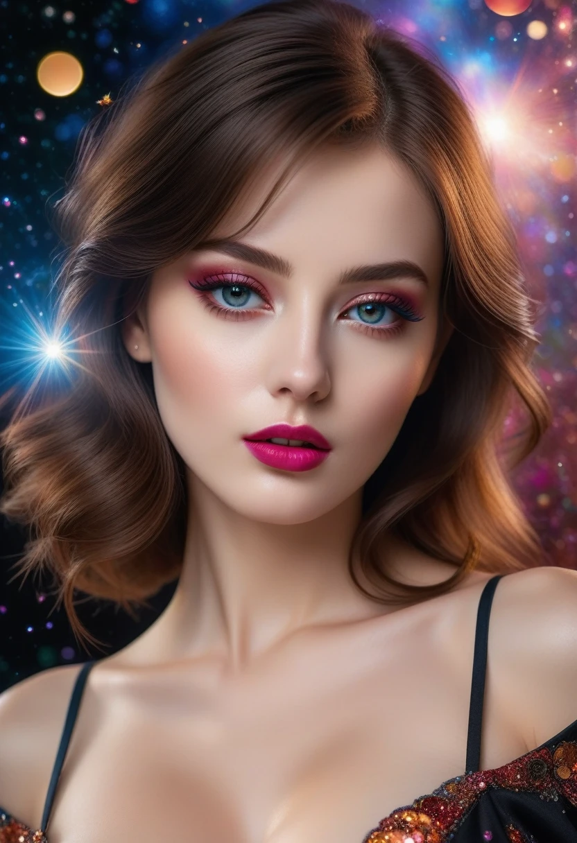 fotorealistisch Realismus 8K Qualität, Mode-Supermodel, (Glamour, Paparazzi machen Fotos von ihr), (schönes schlankes und markantes Gesicht), ((ultra absurde Details von realistischen , perfekt runde braune Augen: 1.3 in Ultra absurder Qualität und Auflösung)), (Ultrascharfe Augen, klare absurde Qualität, Nicht verschwommen), ((fein detaillierte Pupillen: 1.4)), Rosa_bilden:1.2, Blau_Lidstrich, Rot_Lippenstift:1.4,(perfekte Dunkelheit_Lidschatten), (detaillierte Nase:1.2), detaillierte Gesichtsdetails, (perfekte Komposition), ((blasse Haut)), (trockene Haut), Fantasie, künstlerisch, Erforsche aktiv eine Welt voller dunkler Schwarztöne, grau, orange, kastanienbraun, Burgund, and lavender, High-definition portrait upper body to waist shot centeRot on her sehr detailliert beautiful (feste und volle Brüste),, inmitten einer Kulisse voller Details wie Sterne, galaxies, Bunte Blasen, und Blütenblätter, alles verstärkt durch Schillern und glitzernden Wind, der Pollen mit sich trägt, 8k-Auflösung, kompliziert, elegant, sehr detailliert, majestätisch, Digitalfotografie, ((Weitwinkelaufnahme)),