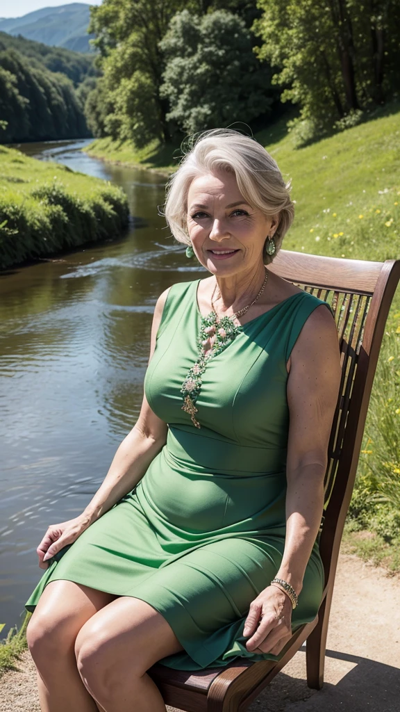 成熟した女性のリアルな肖像, 60歳, エレガントなモチーフのグリーンのドレスを着て. 彼女は自然な外見であるべきだ, 曲線的な形状, 青い目, 白髪, 笑顔, 35mmレンズで高解像度でこの画像を撮影し、良好な視点を得ます. 椅子に座る, 川と草原の景色 