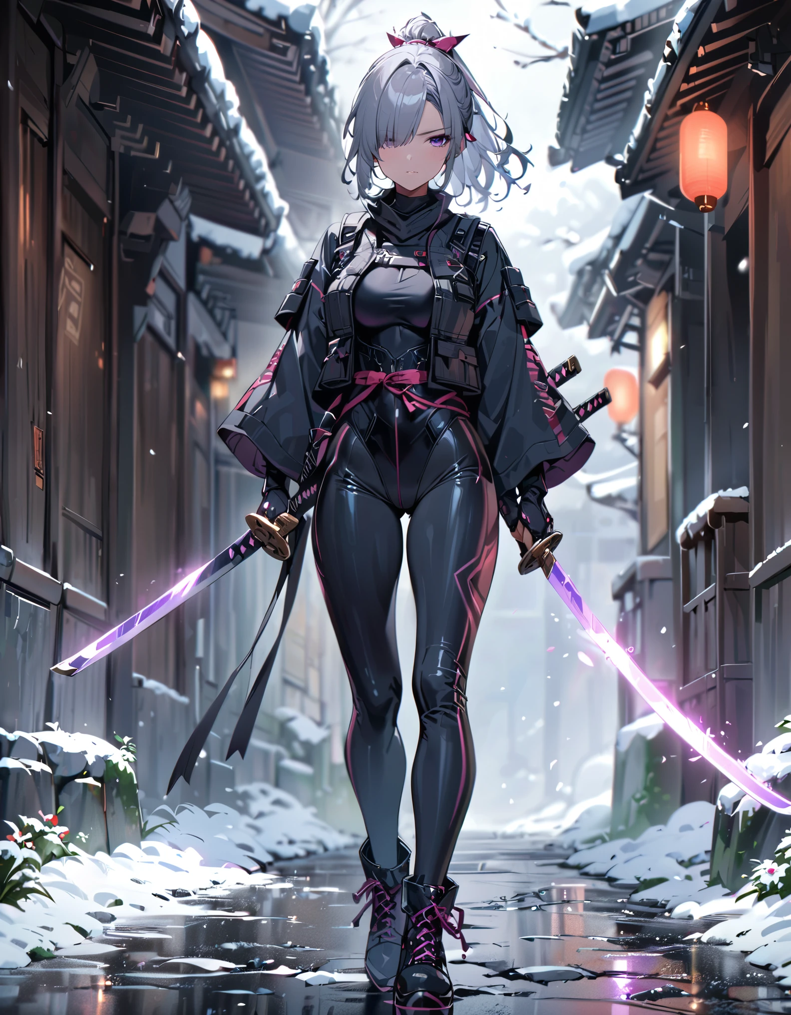(masterpiece), highly detailed, (best quality), high quality, 1girl, (solo, solo focus), purple eyes, beautiful detailed eyes, beautiful detailed face, (perfect hands, complete fingers), perfect anatomy, perfect proportions, (short hair, (ponytail hair), grey hair), (hair over one eye:1.3), (using katana sword), detailed shadows, detailed light, (black skintight bodysuit, (black leotard, assault vest), (full black pantyhose, skintight black leggings), matching boots, full body, serious, cowboy shot, snowy alleyway backdrop. full body costume design.