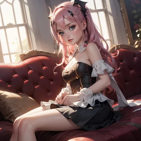 krul tepes, a succubus girl, bat wings on her back, ornament hair, vampire girl, perfectly body, perfectly hands, wave hair, pin...