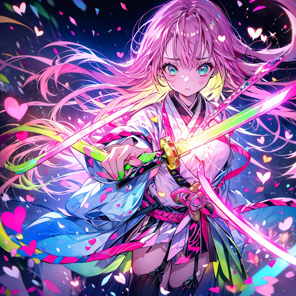Meisterwerk、Kanroji Mitsuri、rosa und grüne Haare、Wütendes Gesicht、Nacht、Herztanz、Rosa japanisches Schwert