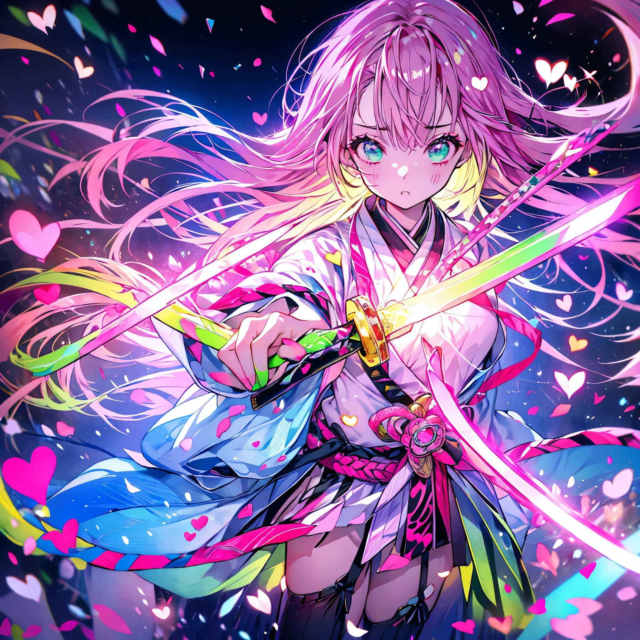 Obra maestra、Kanroji Mitsuri、cabello rosa y verde、cara enojada、noche、Danza del corazón、Espada japonesa rosa