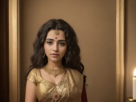 A portrait photo of a young woman with dark, wavy hair, wearing traditional gold jewelry and a red bindi on her forehead. She is...